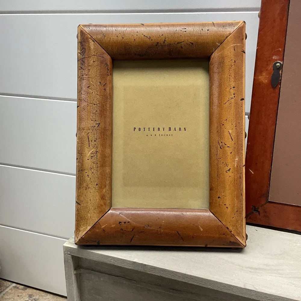 Pottery Barn Distressed Leather Nailhead Picture Frame Set 4x6 and Large Tan